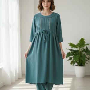 Women’s Two-Piece Mint Green Micro Georgette Set – Stylish Tunic & Pant Co-Ord Outfit